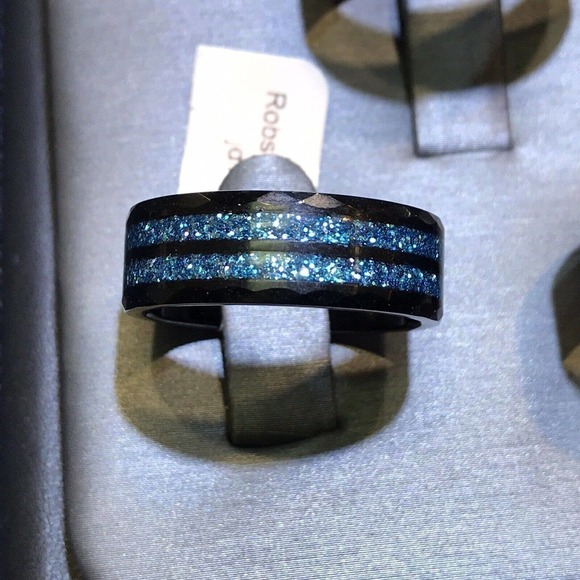 Mens Tungsten Ring Sz10 Black/Double Lab Opal Strips Unique Look New W Tags - Picture 2 of 4